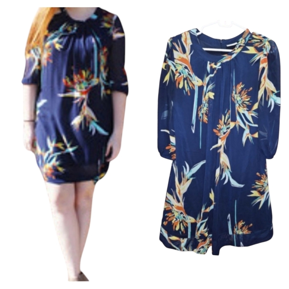 Eva Mendes Women's Floral Dress Size Medium Navy Blue